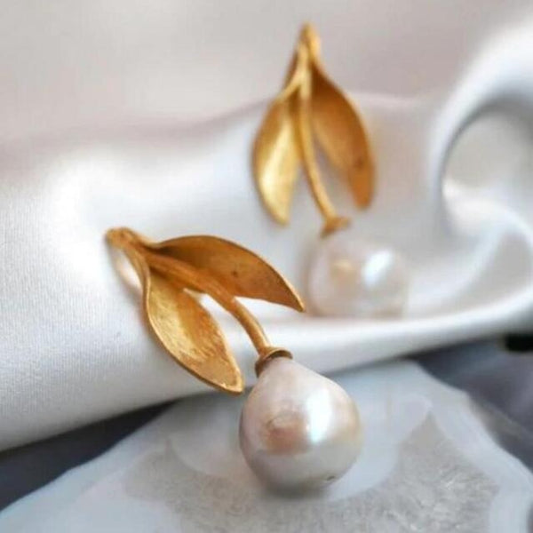 Bohemian-style Leaf-wrapped Pearl Alloy Long Earrings