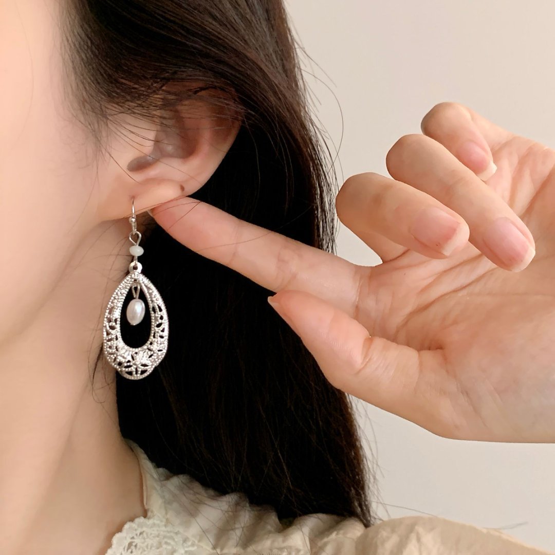 Womens Retro Ethnic-Style Pearl Teardrop Earrings