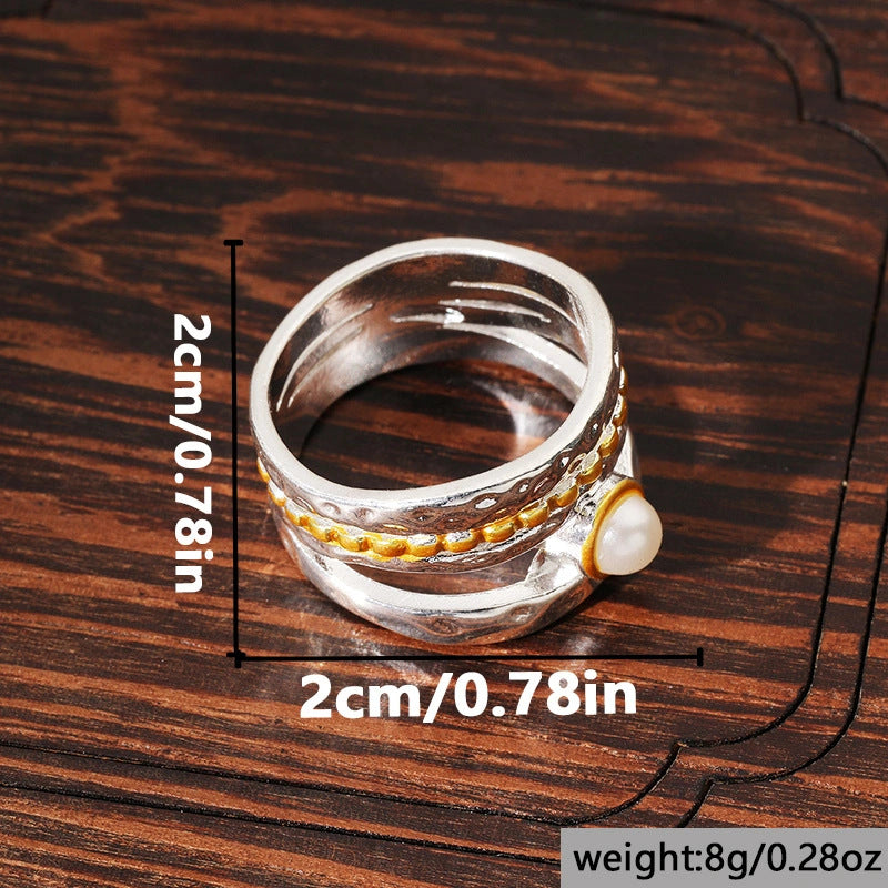 Two Tone Wide Band Pearl Ring Vintage Bohemian Style Ring Perfect As A Gift For Women