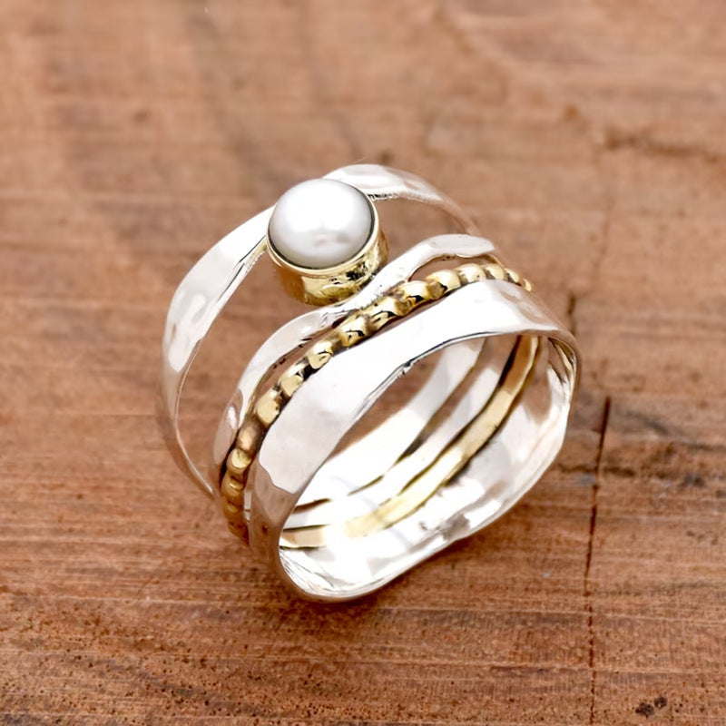 Two Tone Wide Band Pearl Ring Vintage Bohemian Style Ring Perfect As A Gift For Women