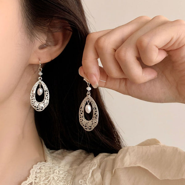 Womens Retro Ethnic-Style Pearl Teardrop Earrings