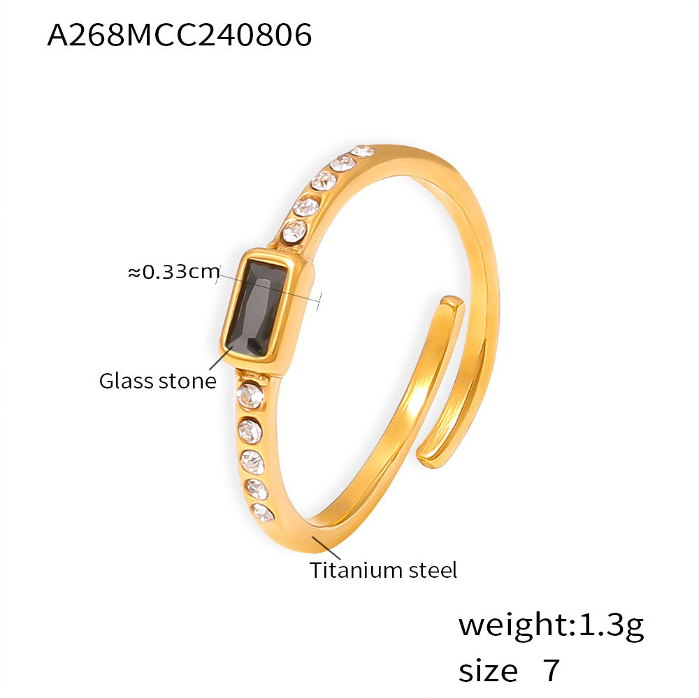 Square Glass Stone Ring In Titanium Steel With Real Gold Plating Fashionable