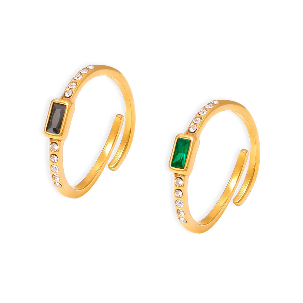 Square Glass Stone Ring In Titanium Steel With Real Gold Plating Fashionable