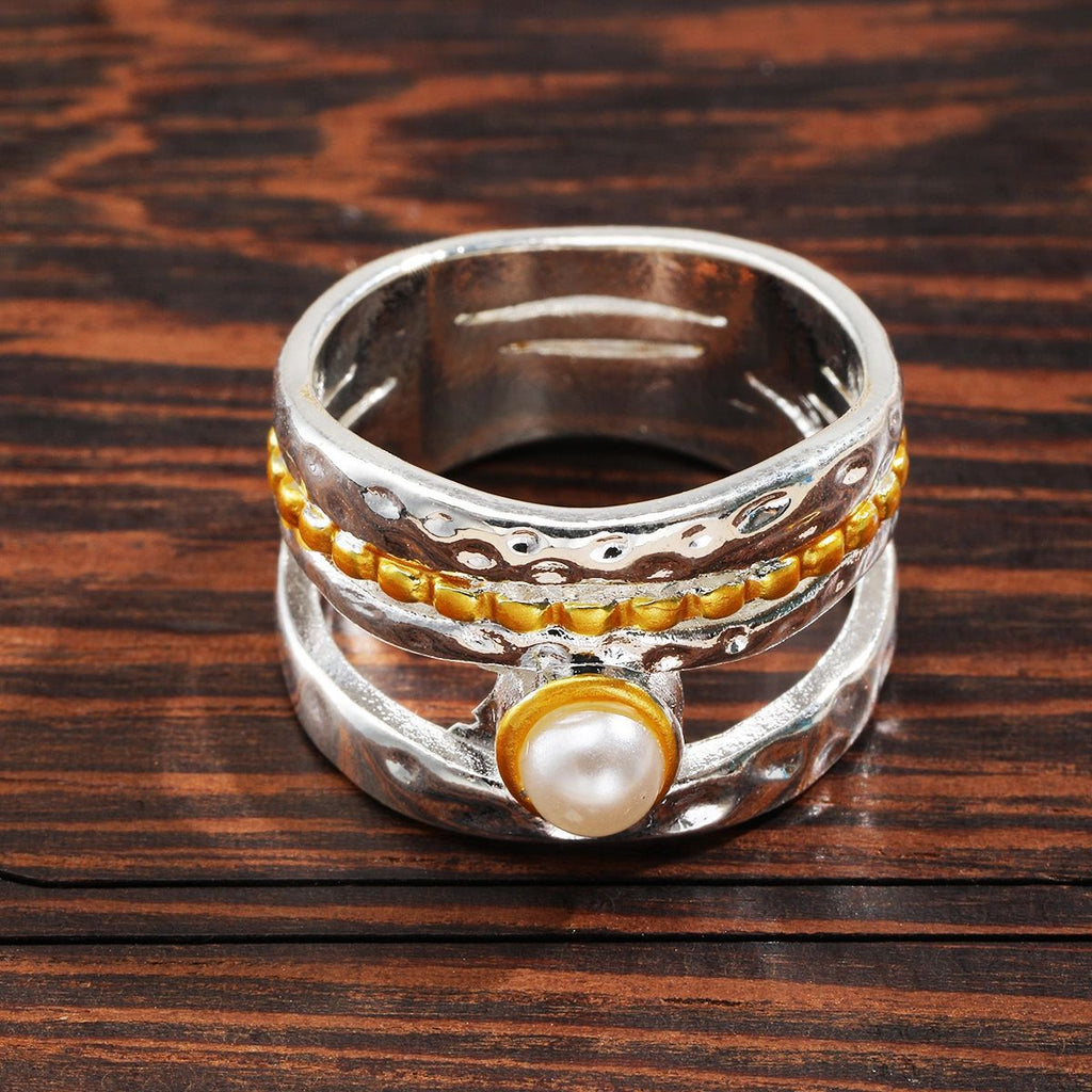 Two Tone Wide Band Pearl Ring Vintage Bohemian Style Ring Perfect As A Gift For Women