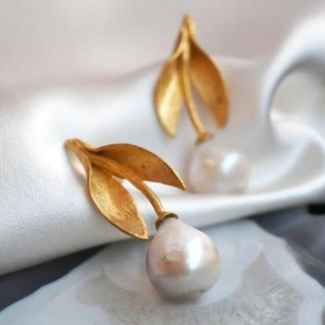 Bohemian-style Leaf-wrapped Pearl Alloy Long Earrings
