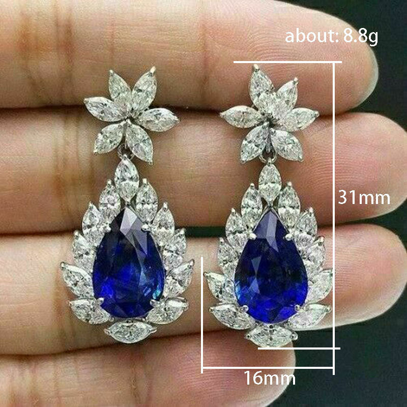 Womens Retro Sapphire Blue Waterdrop Pear-Shaped Diamond-Encrusted Earrings