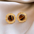 Silver Needle Tigers Eye Pearl Round Earrings