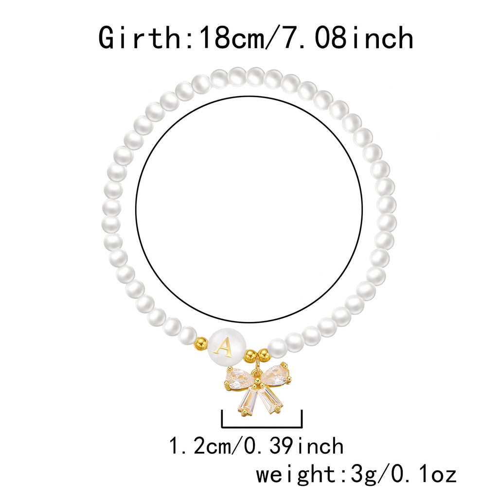 26-Letter Pearl Shell Alphabet Bowknot Beaded Bracelet